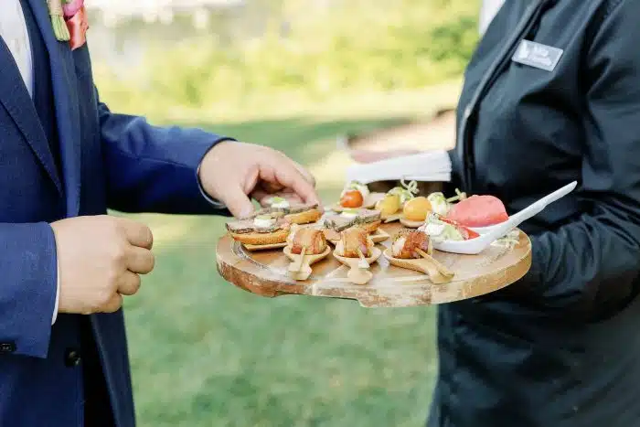 Passed appetizers at wedding cocktail reception