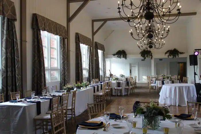 The interior of the town hall when set up for a wedding reception