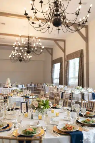 The interior of the town hall when set up for a wedding reception