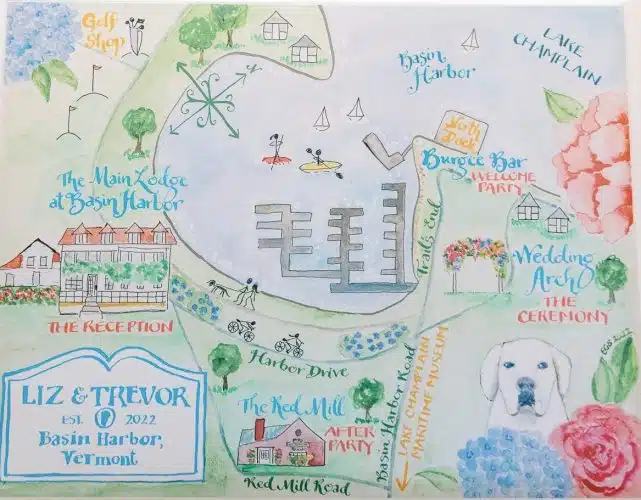 Watercolor painting of the Basin Harbor property with wedding locations