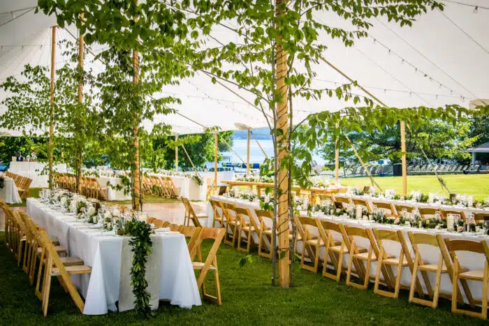 A wedding reception set up
