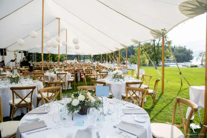 A wedding reception set up under a white tent