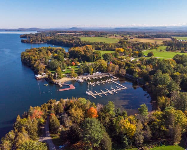 basin harbor aerial photo in the fall